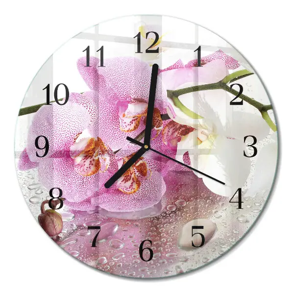Ronde glazen wandklok Orchidee