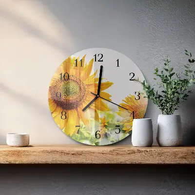 Ronde glazen wandklok Zonnebloem