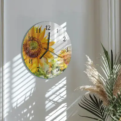 Ronde glazen wandklok Zonnebloem