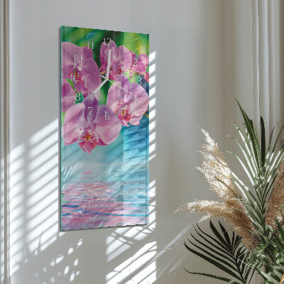 Verticale moderne glazen wandklok Orchideeën