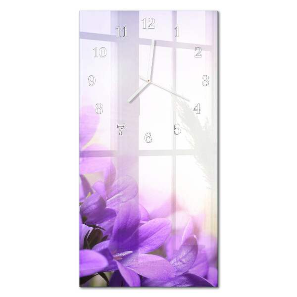 Verticale rechthoekige glazen wandklok Paarse bloemen