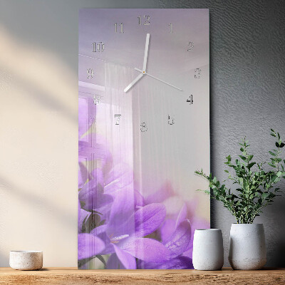 Verticale rechthoekige glazen wandklok Paarse bloemen