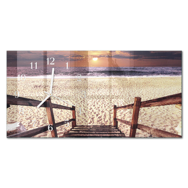 Horizontale glazen wandklok Trap naar het strand