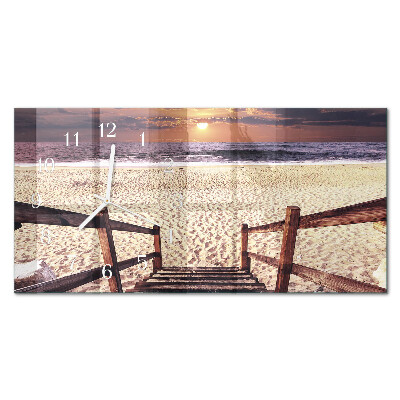 Horizontale glazen wandklok Trap naar het strand