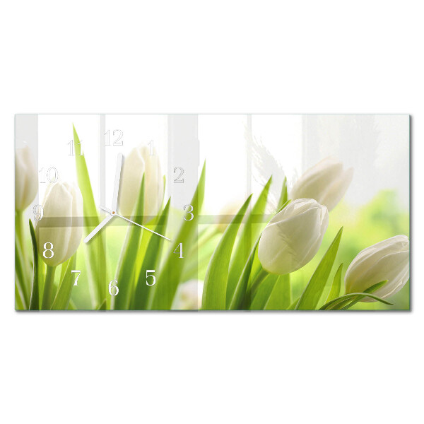 Horizontale glazen wandklok Witte tulpen