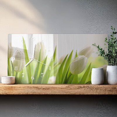 Horizontale glazen wandklok Witte tulpen