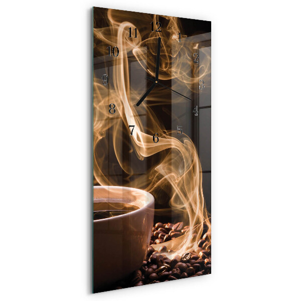 Verticale rechthoekige glazen wandklok Een kopje koffie