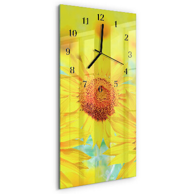 Verticale rechthoekige glazen wandklok Zonnebloem