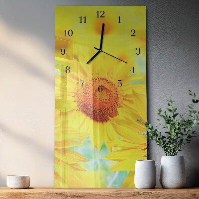 Verticale rechthoekige glazen wandklok Zonnebloem