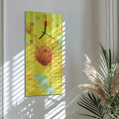 Verticale rechthoekige glazen wandklok Zonnebloem