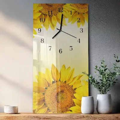 Verticale rechthoekige glazen wandklok Zonnebloem