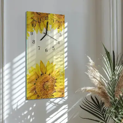 Verticale rechthoekige glazen wandklok Zonnebloem