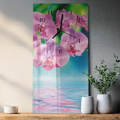 Verticale rechthoekige glazen wandklok Orchideeën
