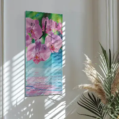Verticale rechthoekige glazen wandklok Orchideeën