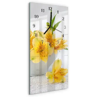 Verticale moderne glazen wandklok Gele bloemen