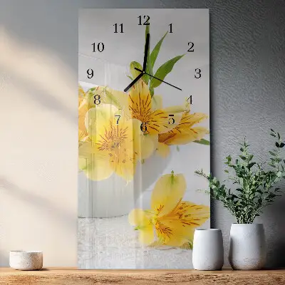 Verticale moderne glazen wandklok Gele bloemen