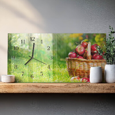 Horizontale glazen wandklok Mand met appels
