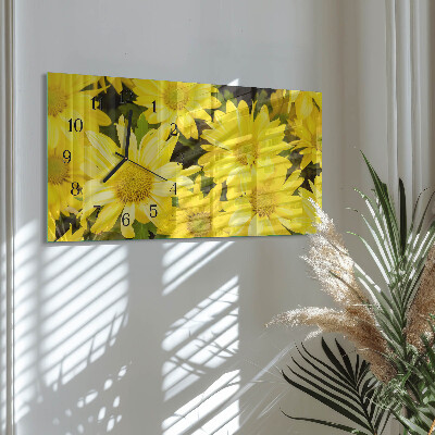 Horizontale wandklok glas Gele bloemen